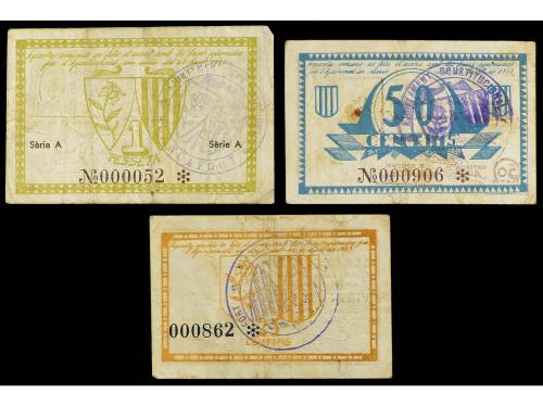 CATALUNYA. Lote 3 billetes 25, 50 Cèntims y 1 Pesseta. 15 Se
