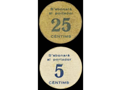 CATALUNYA. Lote 2 billetes 5 y 25 Cèntims. Aj. de BRÀFIM. Ca