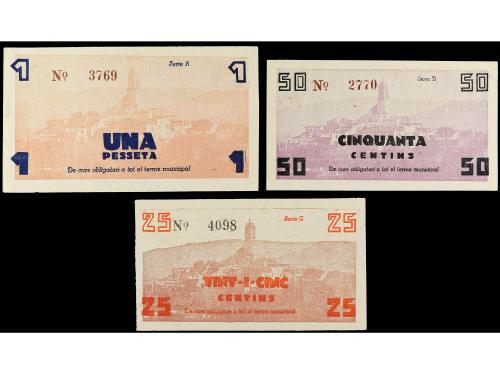 CATALUNYA. Lote 3 billetes 25, 50 Cèntims y 1 Pesseta. Aj. d