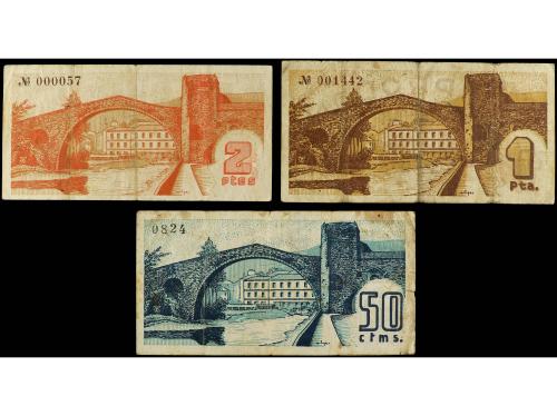 CATALUNYA. Lote 3 billetes 50 Cèntims, 1 y 2 Pessetes. C.M. 