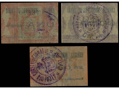 CATALUNYA. Lote 3 billetes 25, 50 Cèntims y 1 Pesseta. C.M. 