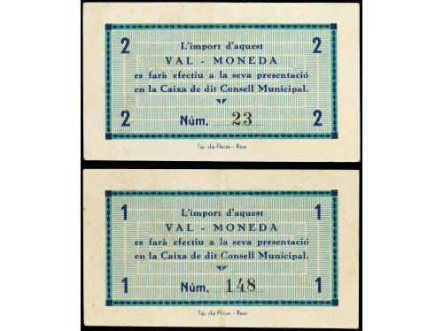 CATALUNYA. Lote 2 billetes 1 y 2 Pessetes. C.M. de DUES AIGÜ