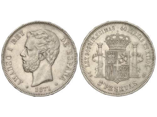 AMADEO I. 5 Pesetas. 1871 (*18-73). D.E.-M. Trazo superior d