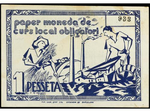 CATALUNYA. 1 Pesseta. 9 Juliol 1937. C.M. de GLEVINYOL DE TE