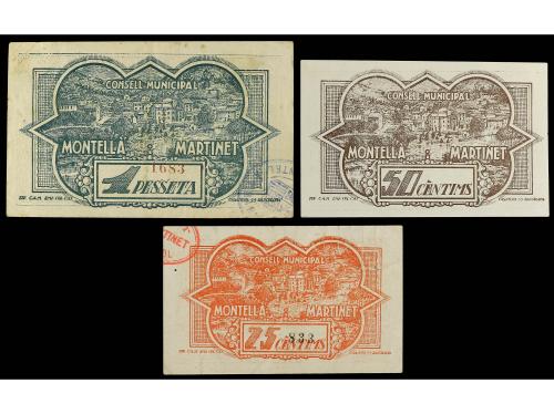 CATALUNYA. Lote 3 billetes 25, 50 Cèntims y 1 Pesseta. 17 Oc