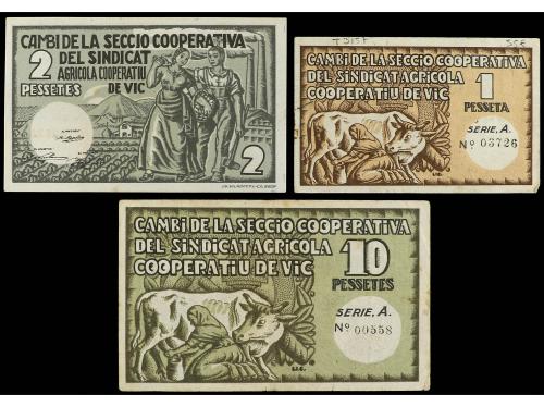 CATALUNYA. Lote 3 billetes 1, 2, 10 Pessetes. SECCIÓ COOPERA