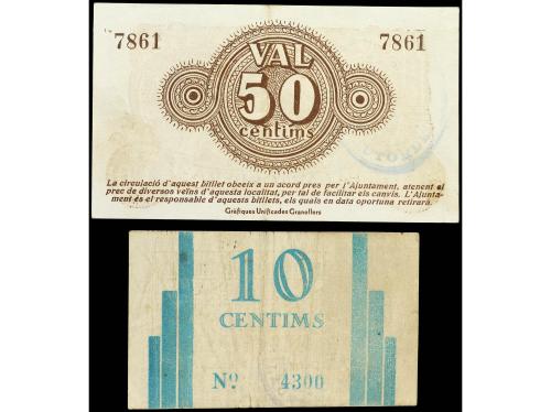 CATALUNYA. Lote 2 billetes 10 y 50 Cèntims. Aj. de PALAUTORD