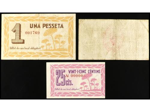 CATALUNYA. Lote de 3 billetes de 25, 50 Cèntims y 1 Pesseta.