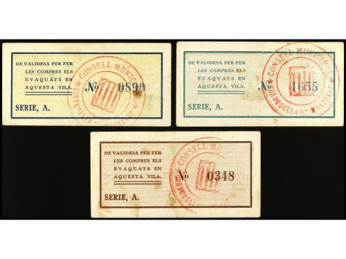CATALUNYA. Lote 3 billetes 50 Cèntims, 1 y 2 Pessetes. Aj. d