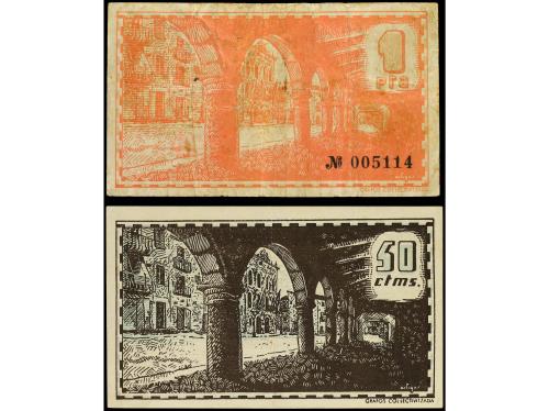 CATALUNYA. Lote 2 billetes 50 Cèntims y 1 Pesseta. Aj. de BE