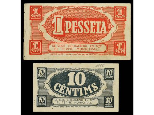 CATALUNYA. Lote 2 billetes 10 Cèntims y 1 Pesseta. Aj. de BA