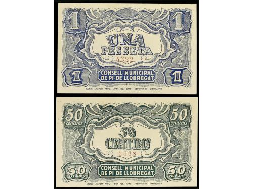 CATALUNYA. Lote 2 billetes 50 Cèntims y 1 Pesseta. 19 Abril 