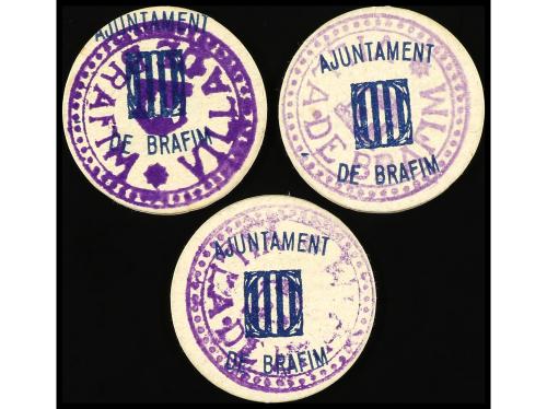 CATALUNYA. Lote 3 billetes 5, 25 y 50 Cèntims. Aj. de BRÀFIM