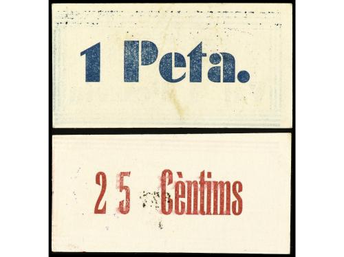 CATALUNYA. Lote 2 billetes 25 Cèntims y 1 Pesseta. C.M. de M