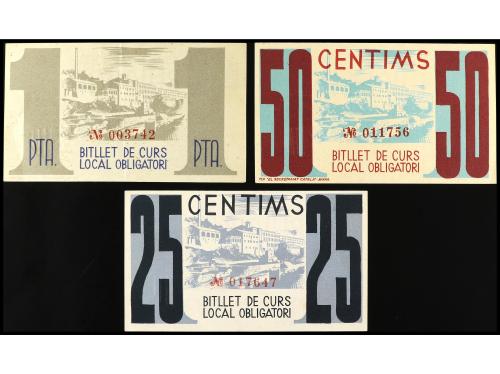 CATALUNYA. Lote 3 billetes 25, 50 Cèntims y 1 Pesseta. 29 Ju