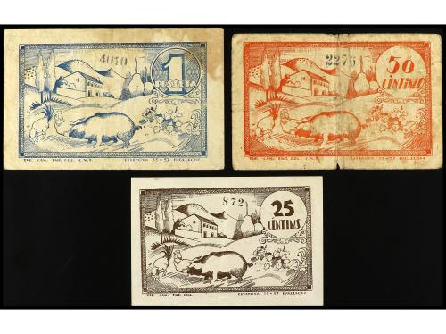 CATALUNYA. Lote 3 billetes 25, 50 Cèntims y 1 Pesseta. 10 Ma