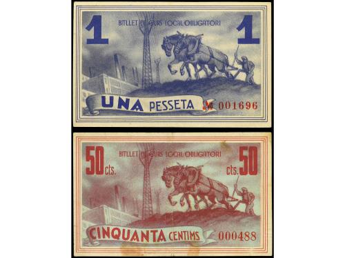 CATALUNYA. Lote 2 billetes 50 Cèntims y 1 Pesseta. 6 Juliol 