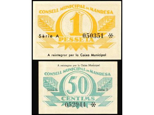 CATALUNYA. Lote 2 billetes 50 Cèntims y 1 Pesseta. C.M. de M