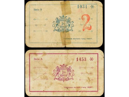 CATALUNYA. Lote 2 billetes 1 y 2 Rals. 21 Gener 1937. Aj. de