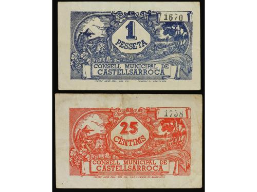 CATALUNYA. Lote 2 billetes 25 Cèntims y 1 Pesseta. C.M. de C
