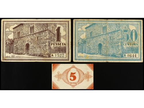 CATALUNYA. Lote 3 billetes 5, 50 Cèntims y 1 Pesseta. Abril 
