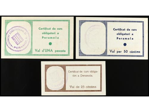 CATALUNYA. Lote 3 billetes 25 y 50 Cèntims y 1 Pesseta. Març