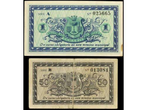 ARAGÓN-FRANJA DE PONENT. Lote 2 billetes 50 Céntimos y 1 Pes