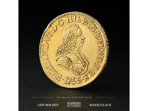 FERNANDO VI. 8 Escudos. 1755/4. LIMA. J.M. Anv.: Busto a der