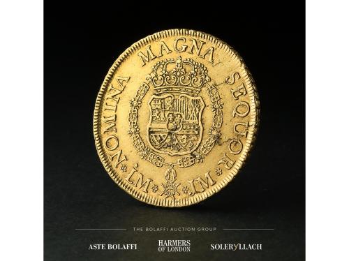 FERNANDO VI. 8 Escudos. 1755/4. LIMA. J.M. Anv.: Busto a der