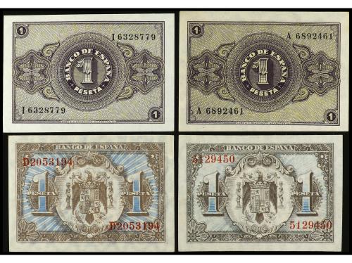 Lote 4 billetes 5 Pesetas. 1938 y 1940. 1 Peseta 30 Abril 19