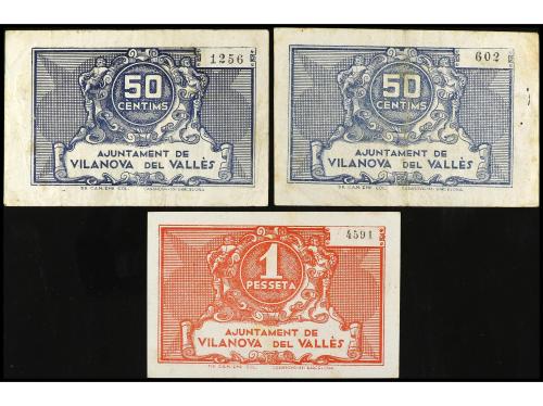CATALUNYA. Lote 3 billetes 50 Cèntims (2) y 1 Pesseta. VILAN