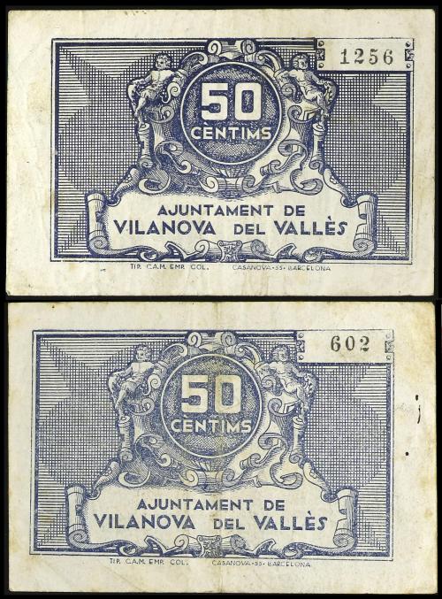 CATALUNYA. Lote 3 billetes 50 Cèntims (2) y 1 Pesseta. VILA