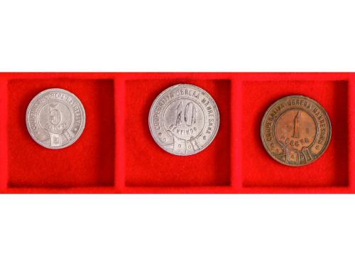 FICHAS COOPERATIVAS Y PROPAGANDA. Lote 3 fichas 5 y 10 Cènti