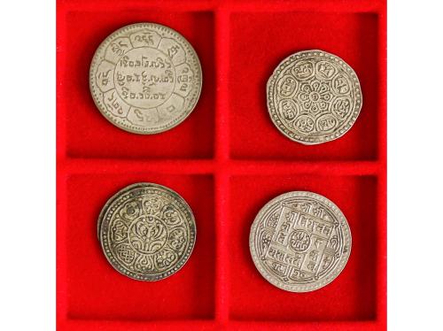 TIBET. Lote 4 monedas. XIX a XX. AR y BILLON. 2 Mohars; 10 S