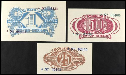Lote 3 billetes 25, 50 Cèntims y 1 Peseta. 502 BATALLÓN. 126