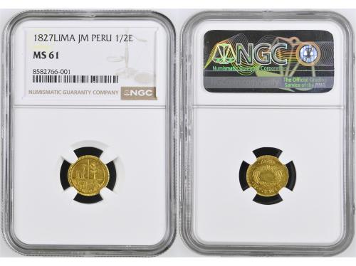 PERÚ. 1/2 Escudo. 1827. LIMA. J.M. NGC MS 61. Anv.: Guirnald