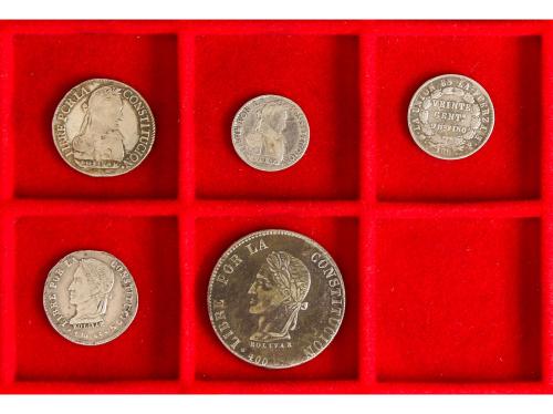 BOLIVIA. Lote 5 monedas 20 Centavos, 1 a 8 Soles. 1830 a 188