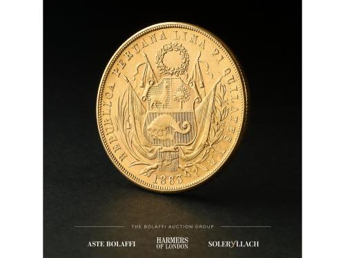 PERÚ. 8 Escudos. 1863. LIMA. Y.B. Anv.: Escudo entre estanda