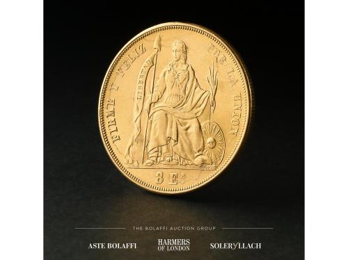 PERÚ. 8 Escudos. 1863. LIMA. Y.B. Anv.: Escudo entre estanda