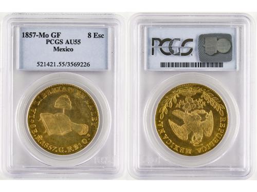MÉXICO. 8 Escudos. 1857. G.F. PCGS AU 55 (n. 521421.55/3569