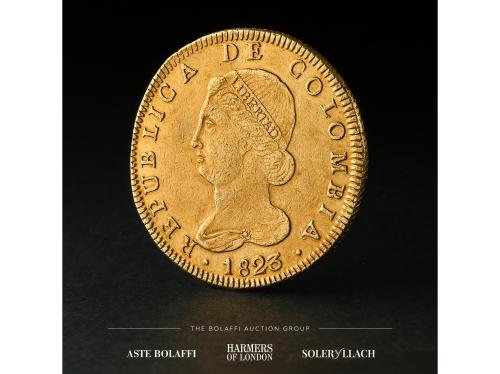 COLOMBIA. 8 Escudos. 1823. BOGOTÁ. J.F. Anv.: Busto drapeado