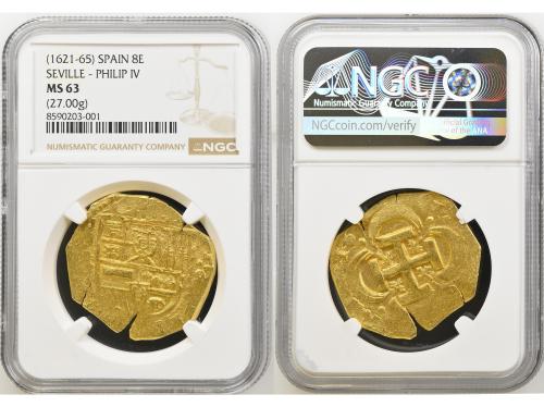 FELIPE IV. 8 Escudos. (1660?). SEVILLA. A/C. NGC MS 63. Anv.