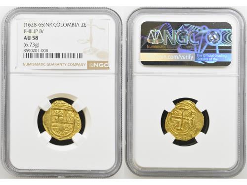 FELIPE IV. 2 Escudos. NUEVO REINO. R. NGC AU 58. Anv.: Escud
