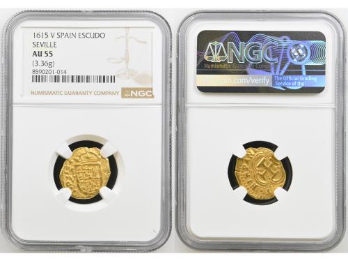 FELIPE III. 1 Escudo. 1615. SEVILLA. V. NGC AU 55. Anv.: Esc