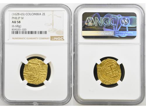 FELIPE IV. 2 Escudos. NUEVO REINO. NGC AU 58. Anv.: Escudo d