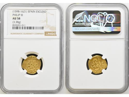 FELIPE III. 1 Escudo. (SEVILLA?). Encapsulada por NGC AU 58