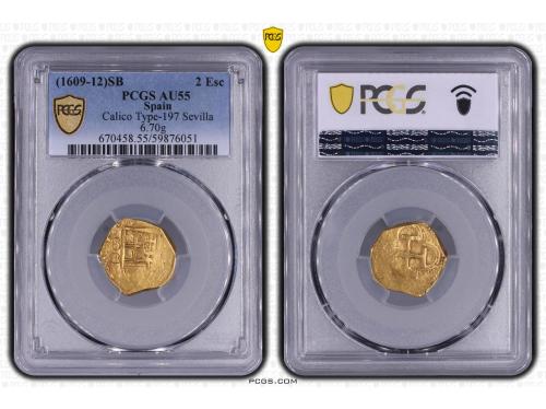 FELIPE III. 2 Escudos. (1609-12). SEVILLA. B. PCGS AU55. An