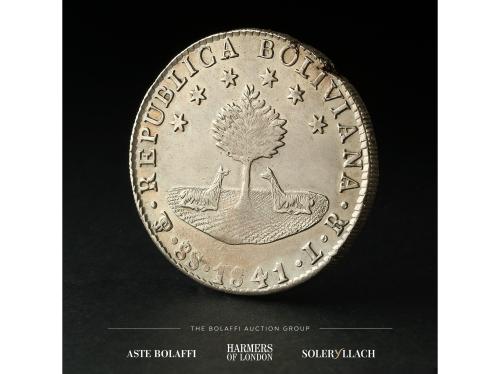 BOLIVIA. 8 Soles. 1841. POTOSÍ. L.R. Anv.: Llamas bajo los á