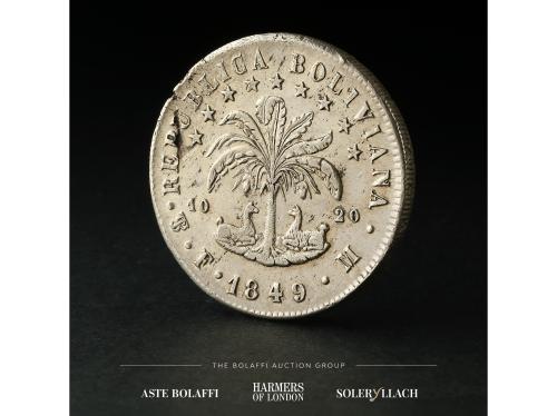 BOLIVIA. 8 Soles. 1849. POTOSÍ. F.M. Anv.: Llamas bajo los á