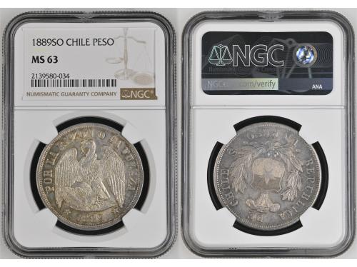 CHILE. Peso. 1889. SANTIAGO. NGC MS 63. Anv.: Escudo de Chil